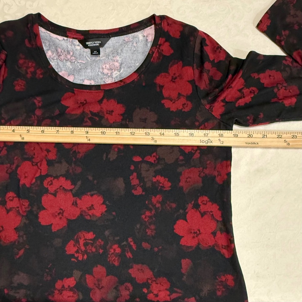 Simply Vera‎ Vera Wang Floral Top Womens M Black Red Long Sleeve Scoop Neck Goth - Picture 6 of 9